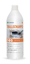 Vit flaska med texten "Biokleen TRALLSCHAMPO" på etiketten. Visar en borste som rengör trätrall.