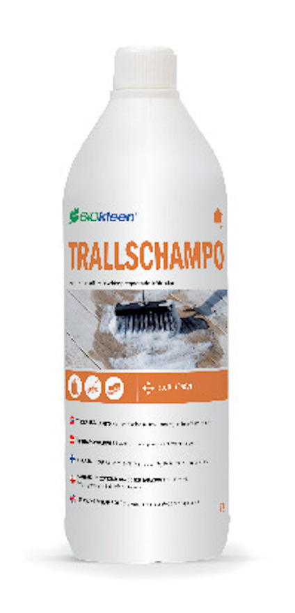 Vit flaska med texten "Biokleen TRALLSCHAMPO" på etiketten. Visar en borste som rengör trätrall.