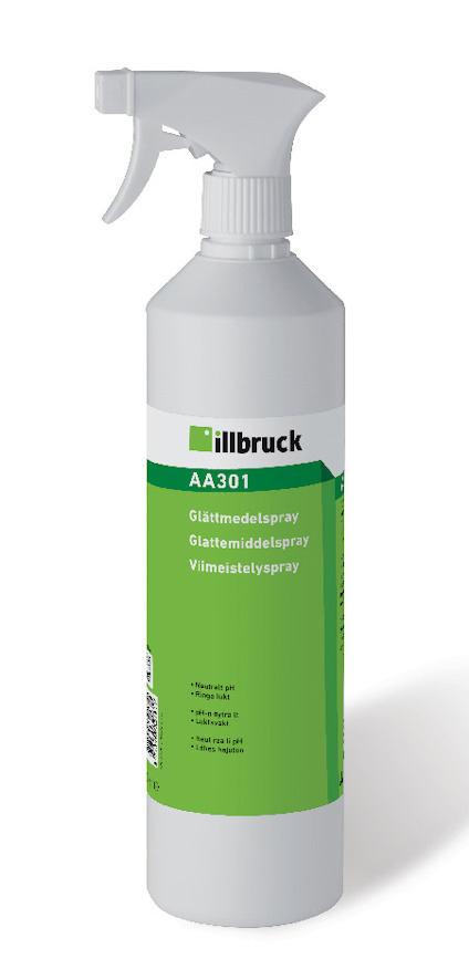 Vit sprayflaska med grön etikett märkt "Glättmedelspray" och "AA301".