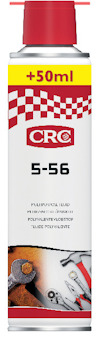 Sprayburk med CRC-märke, etikett med texten "5-56" och "MULTIPURPOSE FLUID". Röd- och vitmönstrad topp.