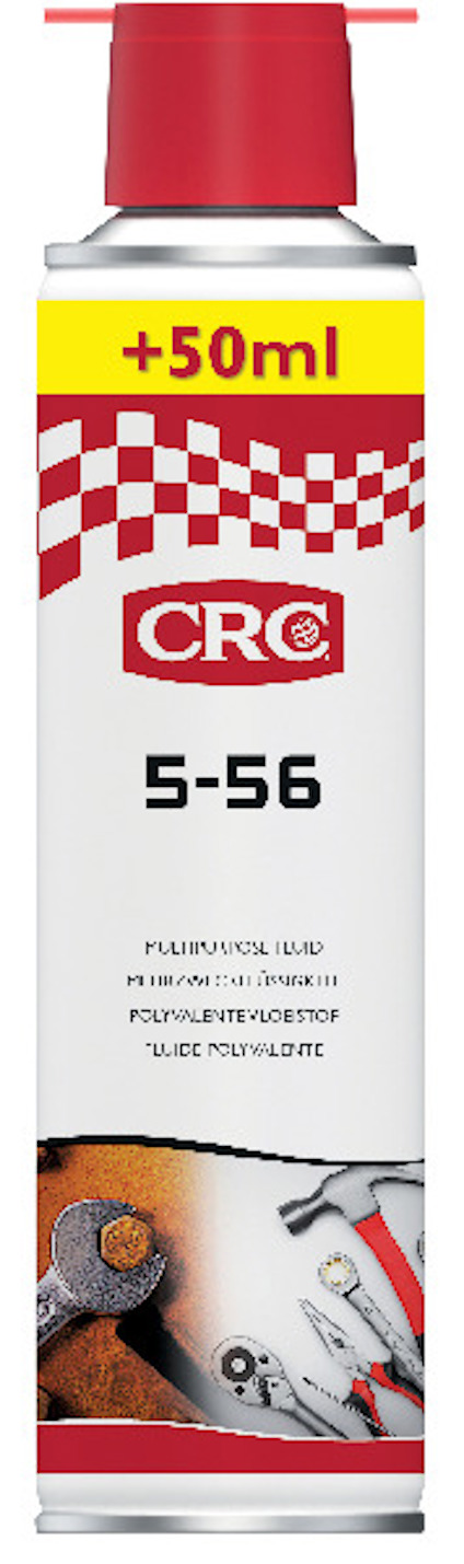 Sprayburk med CRC-märke, etikett med texten "5-56" och "MULTIPURPOSE FLUID". Röd- och vitmönstrad topp.