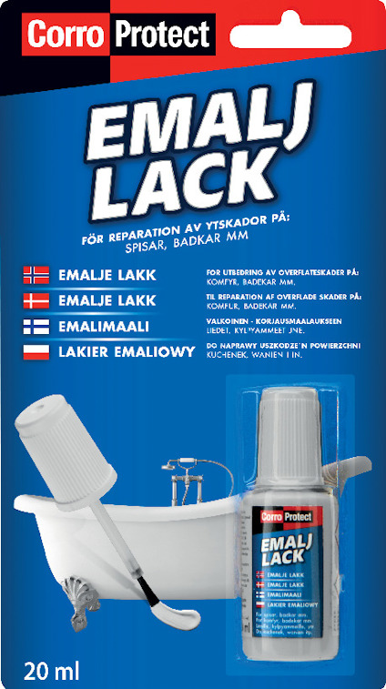 Förpackning med CorroProtect emaljlack, innehållande en flaska och en pensel, på ett blått och vitt bakgrund. Text på flera språk.
