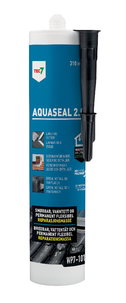 Förpackning med texten "AQUASEAL 2.0" och en svart applikatorspets.
