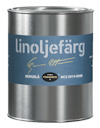 Burk med linoljefärg i kulören bergblå, etiketten har vit text och en svart cirkel med märkning.