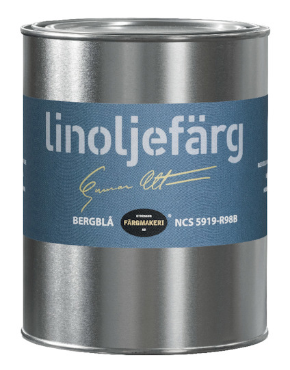 Burk med linoljefärg i kulören bergblå, etiketten har vit text och en svart cirkel med märkning.