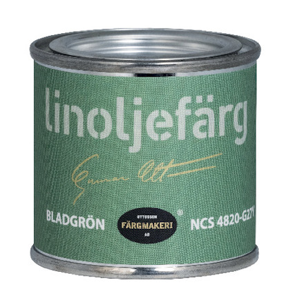 Grön burk med texten "linoljefärg BLADGRÖN" och signatur.
