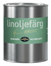 Grönmålad burk med texten "linoljefärg", "bladgrön", "NCS 4820-G27Y" och "Gysinge Färgmakeri".