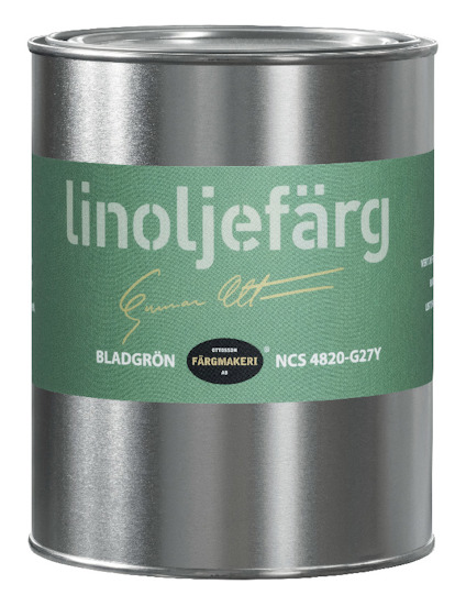 Grönmålad burk med texten "linoljefärg", "bladgrön", "NCS 4820-G27Y" och "Gysinge Färgmakeri".