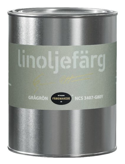 Burk med linoljefärg, grågrön nyans, etiketttext inkluderar "linoljefärg", "GRÅGRÖN", "NCS 3407-G80Y".