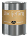 Färgbehållare med etikett som visar texten "linoljefärg", "HERRGÅRDSGUL", och "NCS 2242-Y19R".