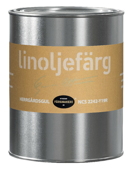Färgbehållare med etikett som visar texten "linoljefärg", "HERRGÅRDSGUL", och "NCS 2242-Y19R".