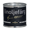 Burk med svart etikett och texten "linoljefärg", "järnoxidsvart", "NCS 8901-R659", samt en signatur.