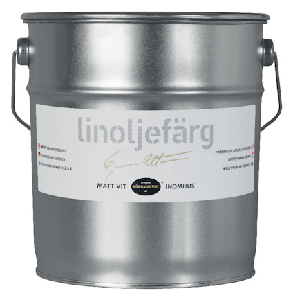 Behållare i metall med etikett för linoljefärg, texten "Matt Vit Inomhus" synlig.
