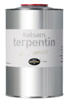 En silvrig metallbehållare med röd skruvkork, etikett med texten "balsamterpentin".