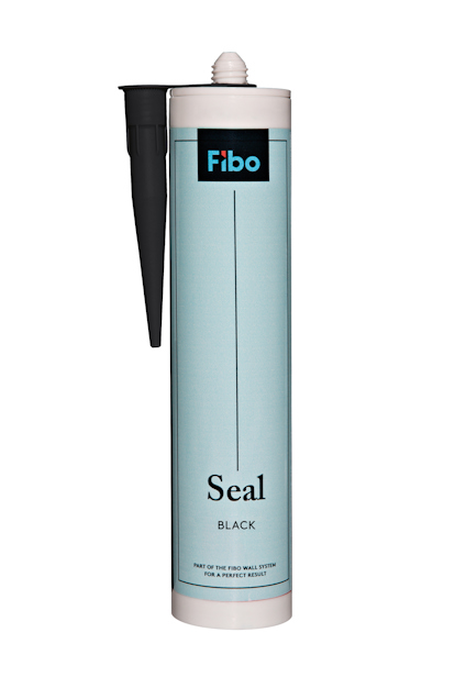 Tub med grått fodral, etikett med texten "Fibo Seal Black" och en svart munstycke.