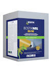 Förpackning med Bostik Roll Extra Strong Bond-golvtejp i vit och blå kartong, dekorerad med en grön ödla.