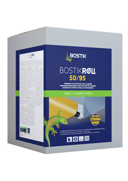 Förpackning med Bostik Roll Extra Strong Bond-golvtejp i vit och blå kartong, dekorerad med en grön ödla.