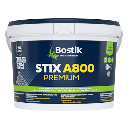 Behållare med etikett "Bostik STIX A800 Premium", kapacitet 10 liter, för golvlim.