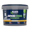 Hink med Bostik Wood H500 Maxi Bond parkettlim, etikett med text och ikoner på vit bakgrund.