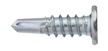 Metallskruv med platt huvud och gängad cylinderformad kropp.