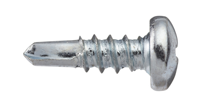 Metallisk skruv med platt huvud och gängad kropp, avsmalnande spets.