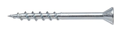Metallskruv med försänkt huvud och vassa gängor, liggande horisontellt på vit bakgrund.
