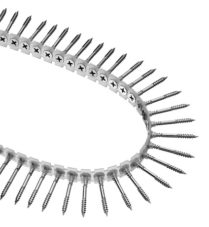 En spiralformad bandad serie av metallskruvar med stjärnformade huvuden.