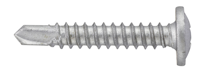 Metallisk skruv med platt skalle och gängad axel, konstruerad för att penetrera material.