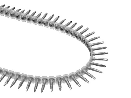 Skruvband i plast med silverfärgade gipsskruvar, arrangerade i en cirkulär form.