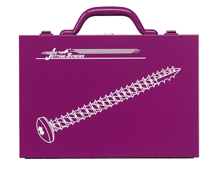 Lila låda med handtag och en vit illustration av en skruv samt texten "Jetting Screws".