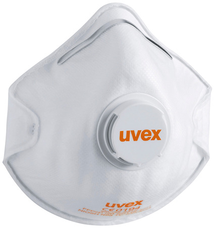 Vit filtrerande halvmask med ventil och orange logotypen "uvex".