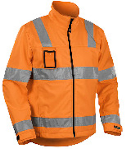 Orange jacka med grå reflexband runt bröst, midja och ärmar. Svart ficka på bröstet och blixtlås fram.