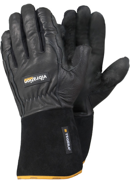 Arbetshandskar i svart läder med gul trim, märkta Tegera och Vibram.