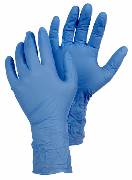Blå engångshandskar i latex, två handskar synliga mot vit bakgrund.