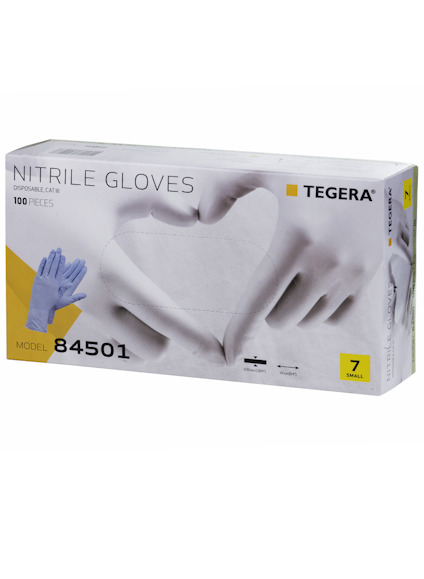 Förpackning med 100 nitrilhandskar, modell 84501, storlek 7, small.