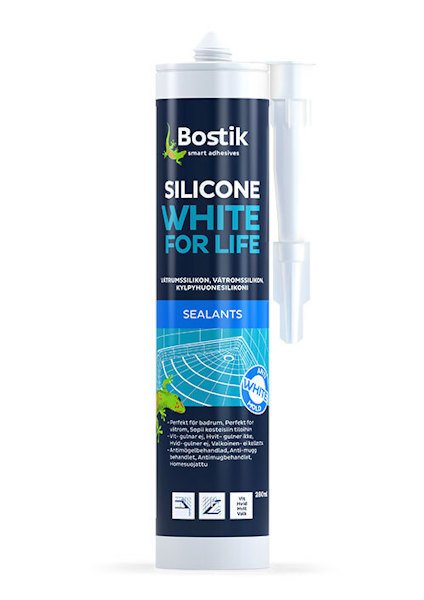 Vit tub med texten "Bostik Silicone White For Life". Inkluderade symboler för smuts- och mögelresistens.