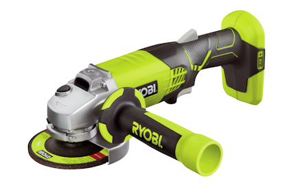 Grön och svart vinkelslip från Ryobi med handtag och batterifäste, sedd från sidan.
