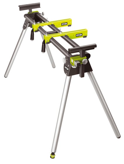 Hopfällbart arbetsbord från Ryobi med metallben, grön och svart ram och hållare för arbetsmaterial.