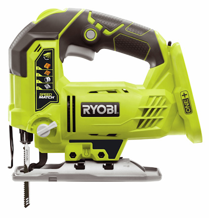 Grön och svart sticksåg med texten "RYOBI" på sidan. Funktionen "Speed Match" visas med symboler.