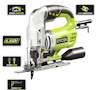 Grön och svart pendelsticksåg från Ryobi med kromade detaljer. Ikoner visar "Speed Control", "LED", "Sure Lock", "Low Vibration", "Flush Cut".