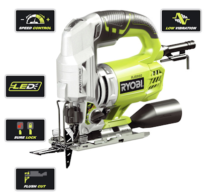 Grön och svart pendelsticksåg från Ryobi med kromade detaljer. Ikoner visar "Speed Control", "LED", "Sure Lock", "Low Vibration", "Flush Cut".