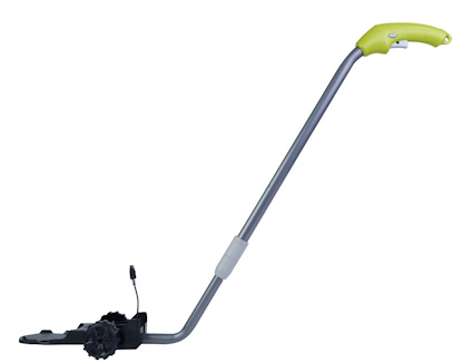 Förlängningsskaft i metall med grön plasthandtag och anslutningskabel på svart basenhet.