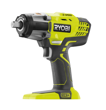 Grön och svart mutterdragare med texten "RYOBI" på sidan. Har en metallisk chuck och komfortgrepp.