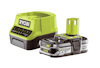 Grön och svart Ryobi-batteriladdare och batteri med texten "Lithium+ 18V 2.5 Ah".