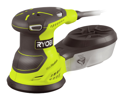 Grön och svart excenterslip med texten "RYOBI" på sidan. Möjlighet för dammuppsamling framtill.