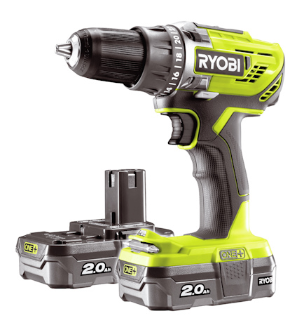 Grön och svart borrskruvdragare med texten "RYOBI" på sidan, stående bredvid ett batteri med texten "2.0 Ah".