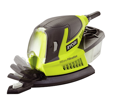 Hörnslip i svart och neongrön design med dammuppsamlingsbehållare och RYOBI-logotyp på sidan.