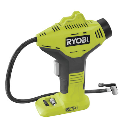 Grön och svart kompressor med texten "RYOBI" och "ONE+" på en batteridriven design.