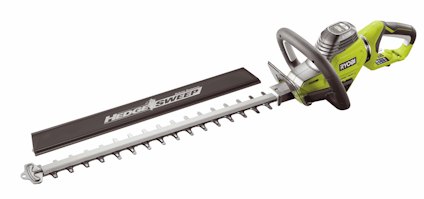 En grön och svart elektrisk häcksax av märket RYOBI med långt blad och ergonomiskt handtag.