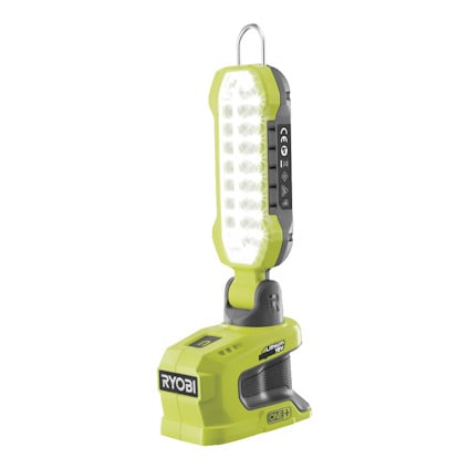Arbetsbelysning i grönt och svart med LED-panel och bärhandtag. Text "RYOBI" och "ONE+" syns på basen.